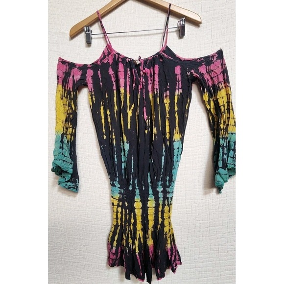 Surf Gypsy Tie Dye PlaysuitDress Off Shoulder Hippie Boho Whimsigoth Beach Sz S - Picture 4 of 13
